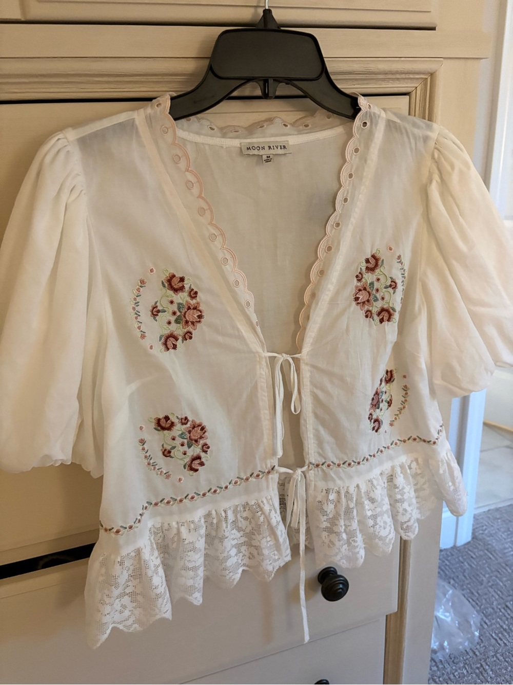 Moon River White Embroidered Tie-Front Peasant Blouse